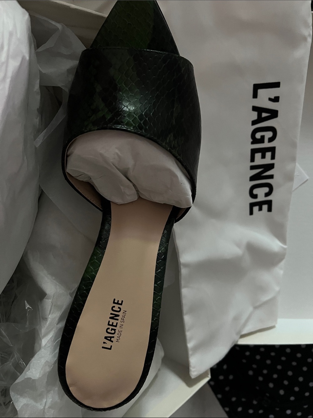 L'AGENCE Dark Green Snake-Print Slide Mules new in box with bag